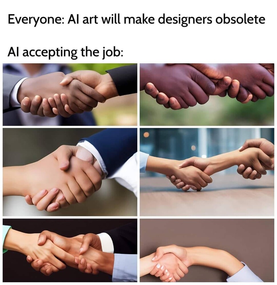 Meme showing mis-shaped hand shakes, created by AI tools with the caption Everyone: AI art will make designers obsolete and AI accepting the job